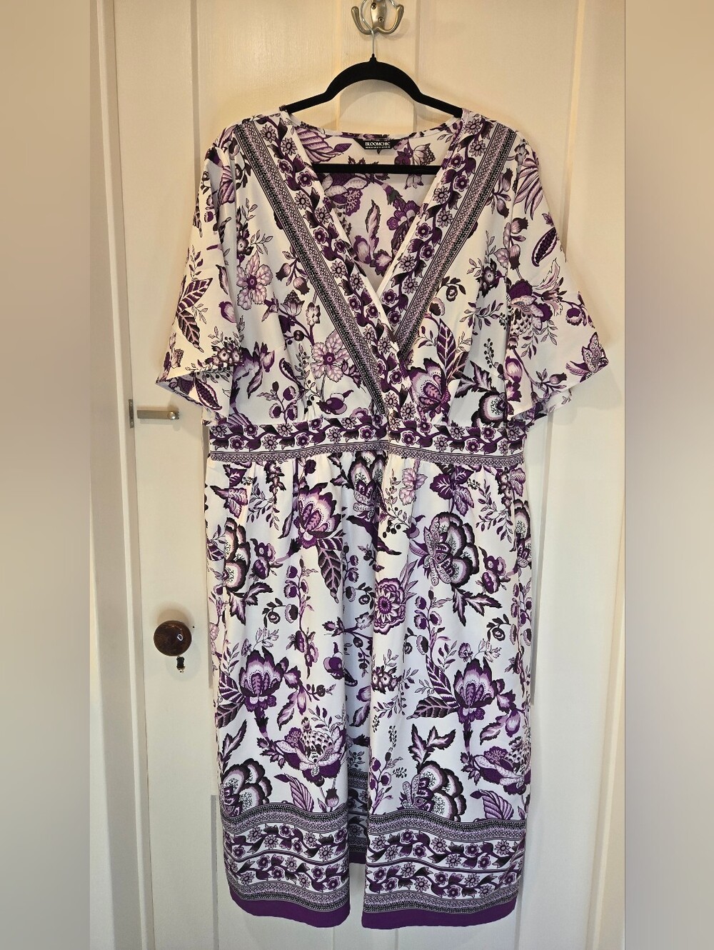BloomChic White Midi Dress with Purple Floral Print - Size 18/20